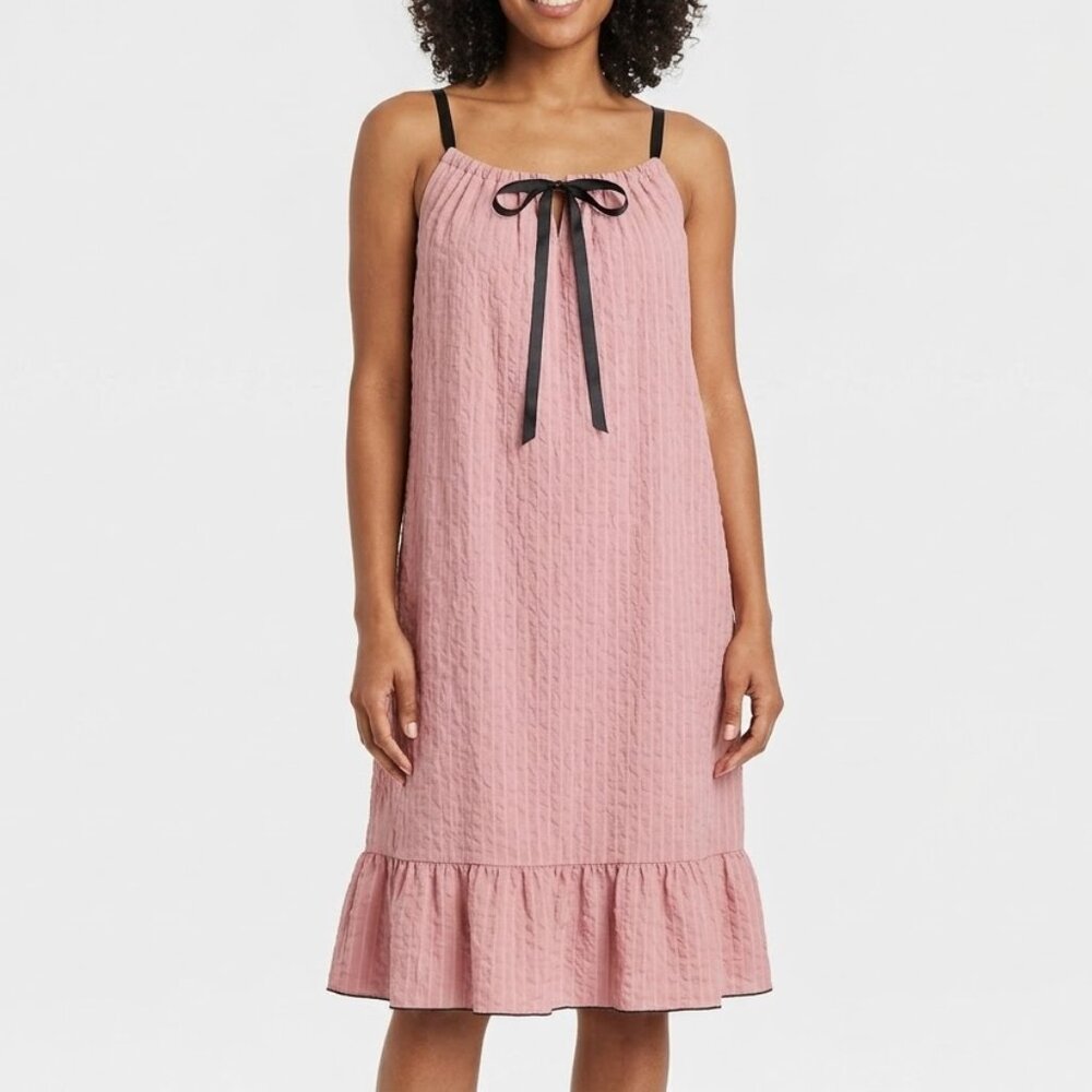 SHEIN Coquette Pink Seersucker Ruffle Mini Dress Black Bow Straps XL